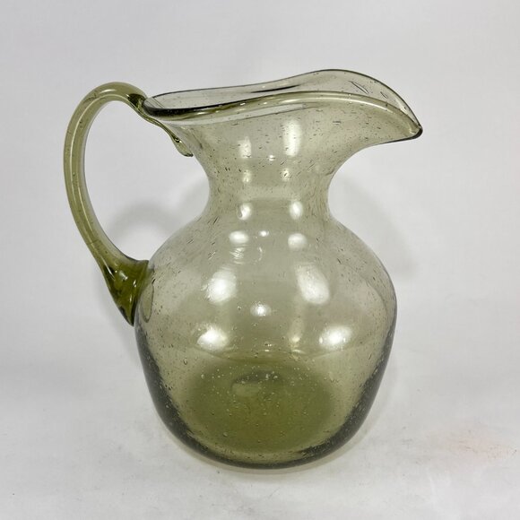 Jamestown Glasshouse VA Hand Blown Green Glass Pitcher Heart Spout USA 40oz - Picture 4 of 16